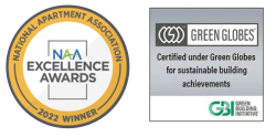 the logos of green globes and the naa excellence awards label
