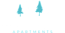 Four Cedars Apartments logo with trees and birds.