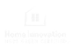 A black and white image of a house with the words Home Innovation XGBC GREEN CERTIFIED.
