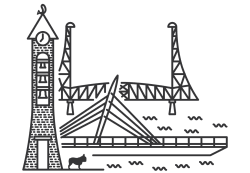 a black and white drawing of a train crossing a bridge over water with a ship