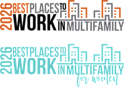 The image displays two logos for the "Best Places to Work in Multifamily" in 2026, one in orange and the other in teal.