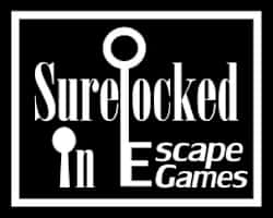 A black and white logo for SureLocked in Escape Games.