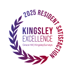 A graphic with text that reads "2025 RESIDENT SATISFACTION KINGSLEY EXCELLENCE Grace Hill | KingsleySurveys".