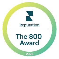A circular logo with the text "Reputation", "The 800 Award", and the year "2025".