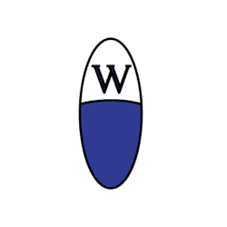 A white and blue oval shape with a black letter W in the center.