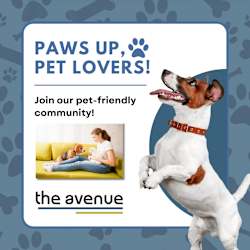 A poster advertising a pet-friendly community with a dog standing on its hind legs.