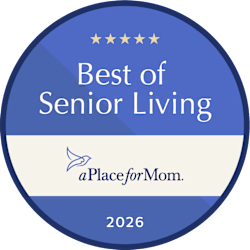 A blue circular badge that reads "Best of Senior Living" and "aPlaceforMom. 2026".