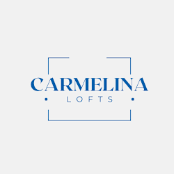 A blue and white logo that says "Carmelina Lofts".