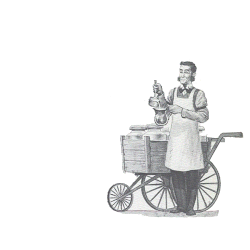 a man in an apron is standing next to a cart