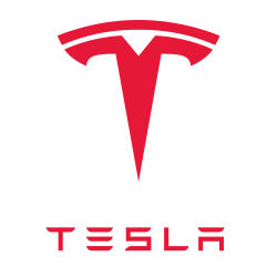 the tesla logo is shown in red on a white background