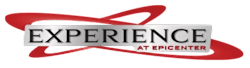 A logo with the words "EXPERIENCE AT EPICENTER" on a white background with a red swoosh.