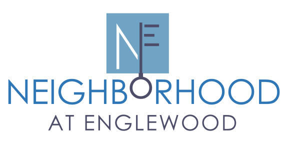 a green background with a blue and white logo and the words neighborhood at englewood