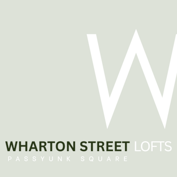 A logo with the text "Wharton Street Lofts Passyunk Square" in front of a green background.