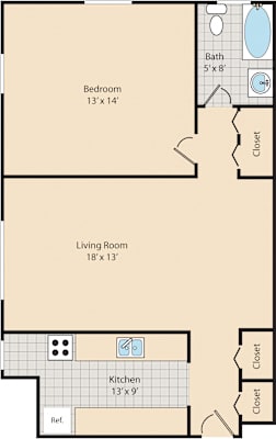 A floor plan of a house with a bedroom, living room, kitchen, and bathroom.