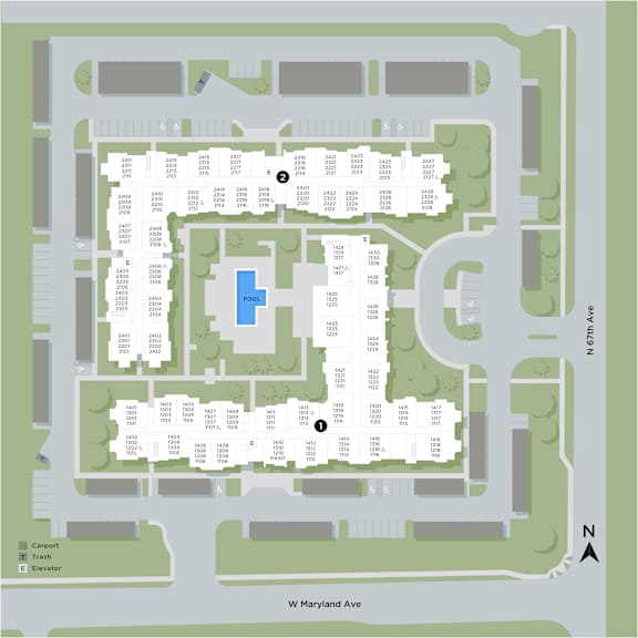 A map of a building complex with a pool in the middle.