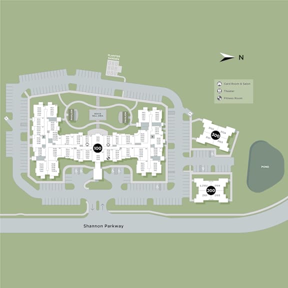 A map of a building with a parking lot in front and a pond to the right.