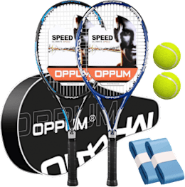 Two tennis rackets with the word "SPEED" on them, a tennis ball, and a pair of blue and white blocks.