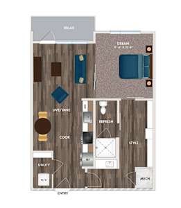 A floor plan of a room with a bed, a couch, a dining table, and a kitchen area.