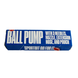 A blue box of ball pump with three needles, a nozzle, an extension hose, and a pouch.