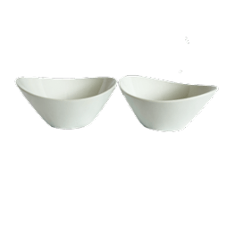 Two white bowls are shown against a black background.