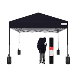 A black canopy tent with a grey shirt hanging on it.