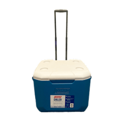 A blue and white cooler with a handle and a strap.
