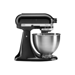 A black kitchenaid mixer with a bowl on the base.