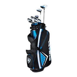 A blue and black golf bag with clubs in it.