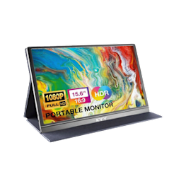 A portable monitor with a vibrant, colorful background.