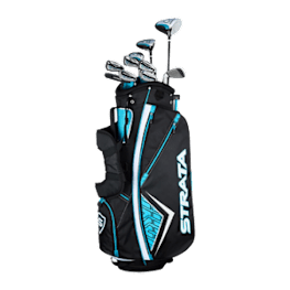 A Strata golf bag with clubs in it.