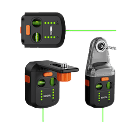 Three different views of a black device with green and orange buttons.