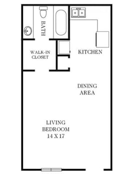 A floor plan of a living area, kitchen, dining area and a bedroom.