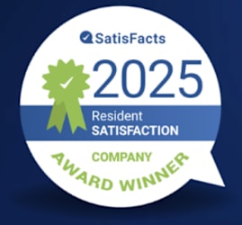 A blue and white circular badge with the text "Satisfacts 2025 Resident SATISFACTION COMPANY AWARD WINNER" and a green ribbon graphic.
