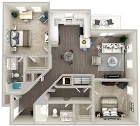 A top-down view of a house layout with various rooms and furniture.