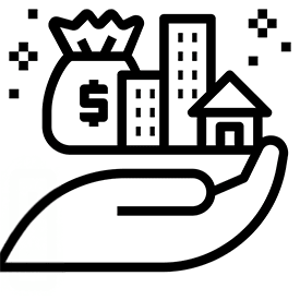 A hand holding a bag of money and buildings.