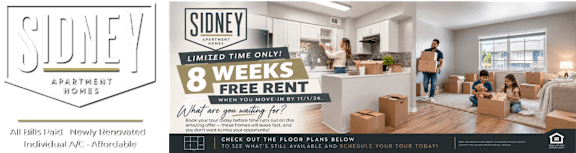A promotional image for Sidney Apartments offering 8 weeks free rent.