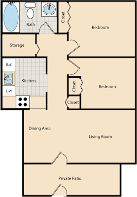 A floor plan of a home with a kitchen, dining area, living room, and two bedrooms.