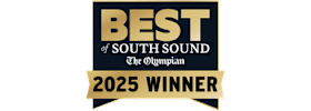 A black and gold award sign that says "BEST of SOUTH SOUND The Olympian 2025 WINNER".