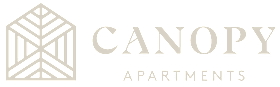 A black and white image of a logo for Canopy Apartments.