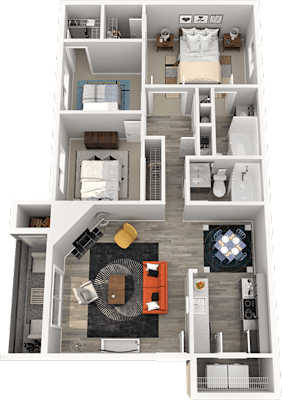 A floor plan of a house with a bedroom, living room, kitchen, and bathroom.