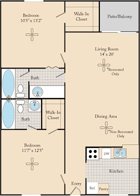 A floor plan of a house with two bedrooms, a living room, a dining area, a kitchen, and bathrooms.