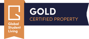 a blue and orange banner with the words gold certified property and the words global student living