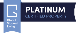 a blue and white sign with the words platinum certified property