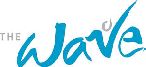 the logo for the wave is shown in blue and white