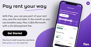 An advertisement for a rent payment plan called Flex, which allows payments to be spread out over the month.