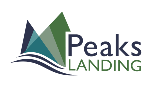 a logo for peaks landing with the words peaks landing