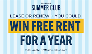 A poster advertises a chance to win free rent for a year through the RPM Summer Club.