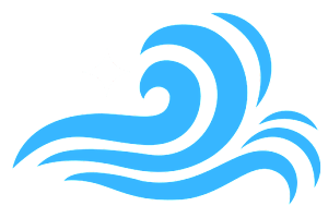 A blue wave graphic on a white background.