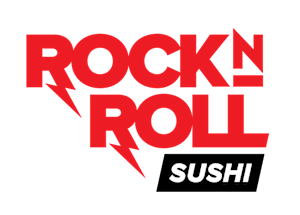 A graphic with the words "Rock N Roll Sushi" in red on a black background.