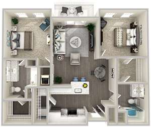 A 3D floor plan of a house showing all the rooms and their furnishings.
